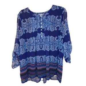 Pale Sky Blue Paisley Lined Roll Tab Long Sleeve Tunic Size XL Boho Hippie